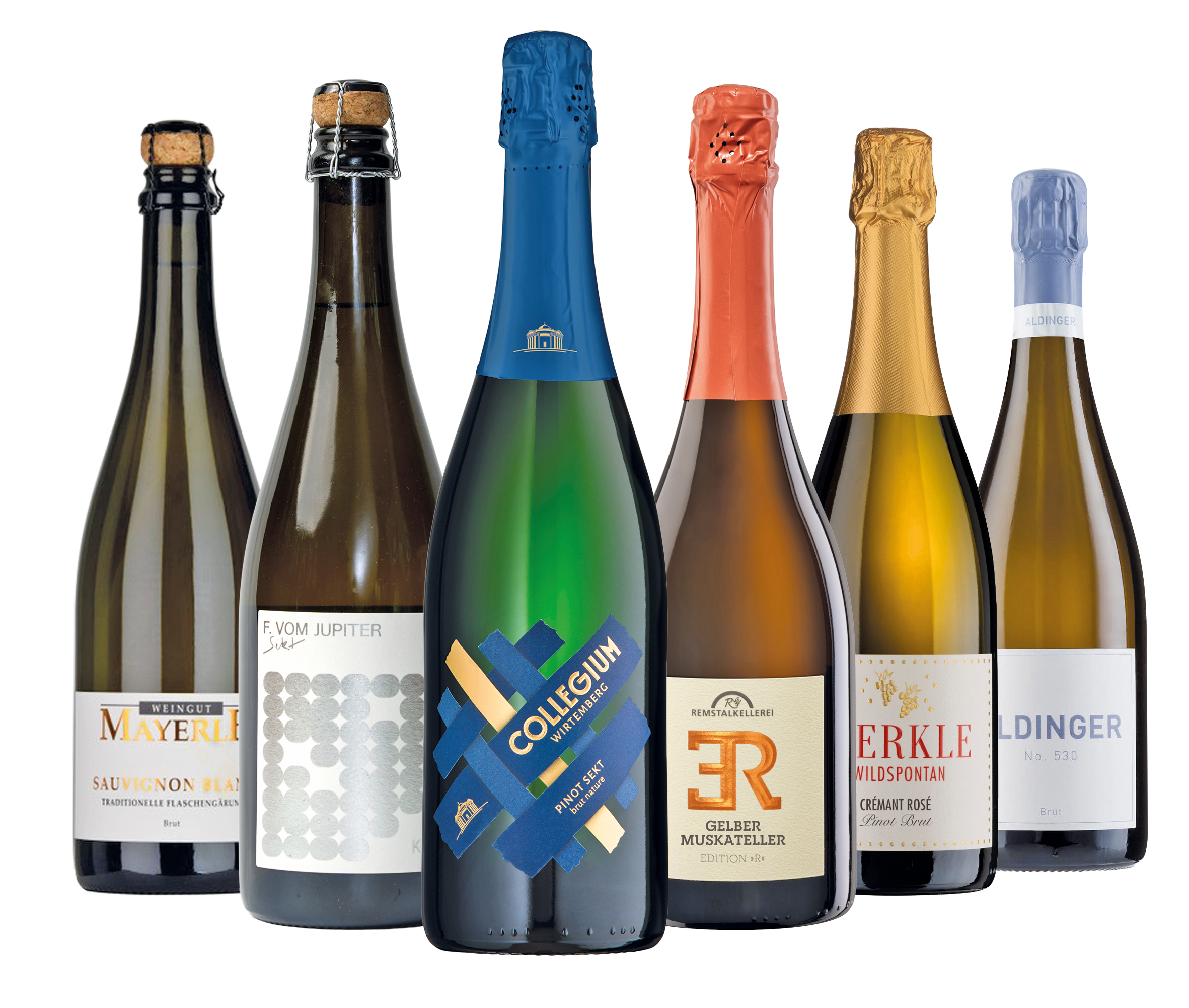Sechs Flaschen des Pakets Württemberger Sektmeisterschaft stehen nebeneinander.