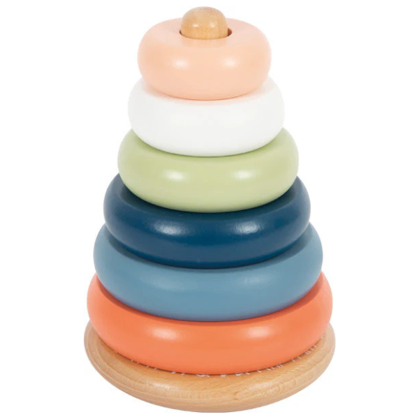 Pastellfarbener Stapelturm aus FSC-zertifiziertem Holz: Dieses Motorikspielzeug mit bunten Ringen auf zentralem Stab fördert spielerisch die Geschicklichkeit.
