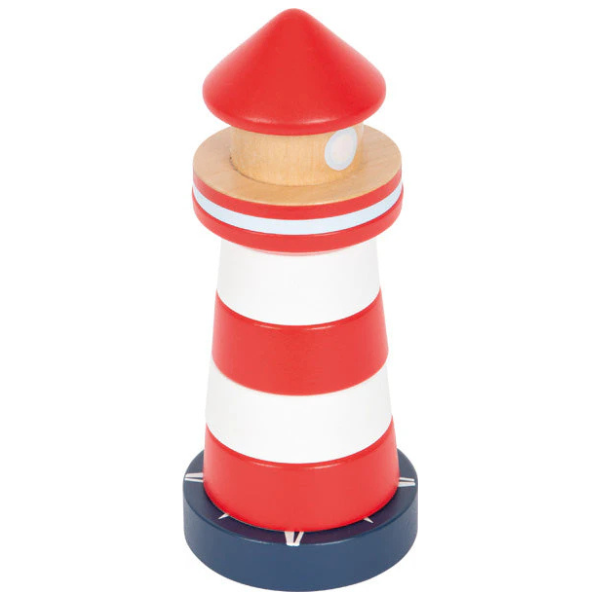 Spielzeug-Leuchtturm aus Holz mit roten und weißen Streifen und blauem Sockel, gekrönt von einem roten Dach – ein bezaubernder Stapelturm und klassisches Holzspielwaren für fantasievolles Spielen.