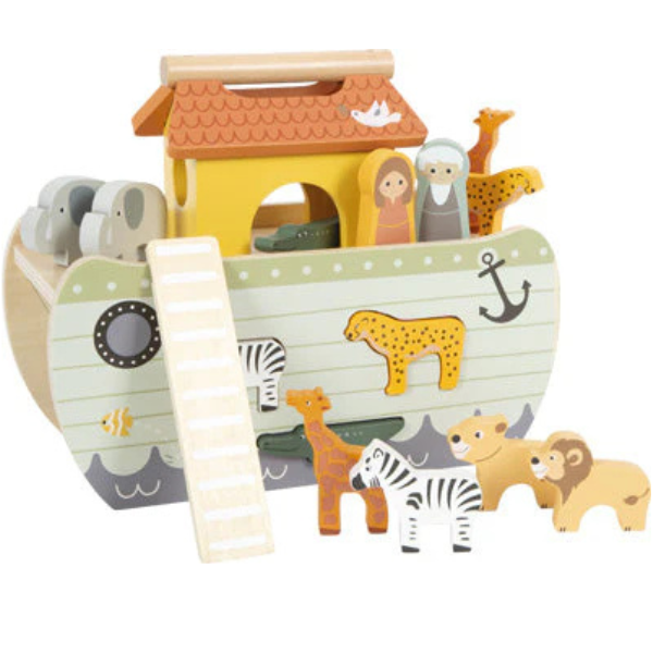 Holzspielzeug Arche Noah mit Tier- und Menschenfiguren, darunter Giraffen, Zebras, Löwen und Elefanten. Dieses bezaubernde Steckboot aus Holz ist ein lustiges Formen-Steckspiel, das dabei hilft, motorische Fähigkeiten bei Kindern zu entwickeln.