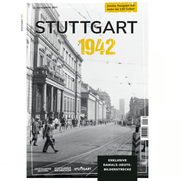 Schwarz-weiße Zeitreise: Fotografien zeigen Stuttgart 1942 – Straßenbahnen, Menschen und alte Gebäude zieren das Magazincover.