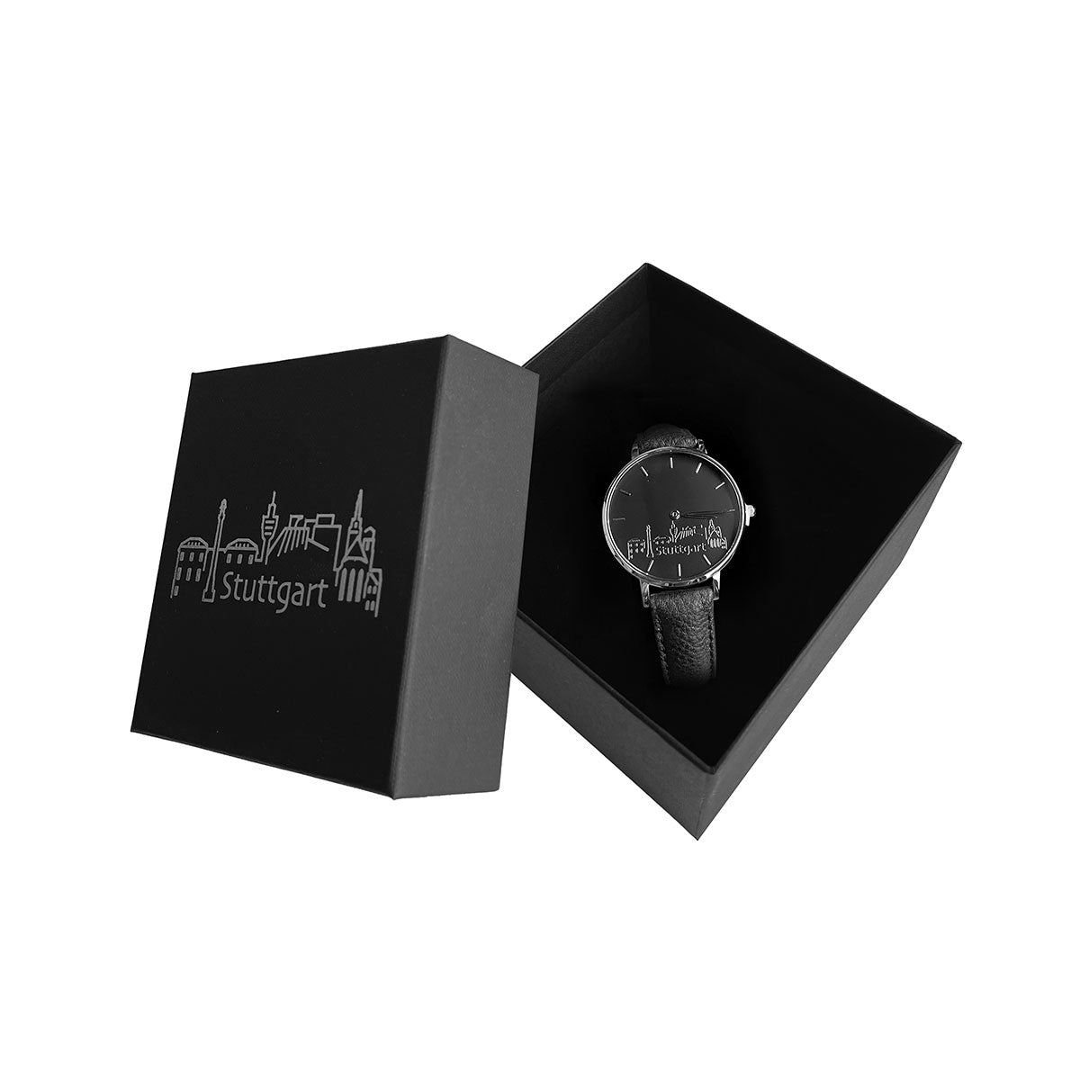 Schwarze Städte-Uhr-Armbanduhr mit Lederarmband in offener schwarzer Geschenkbox mit Stuttgart- und Stuttgart-Skyline-Motiv auf dem Deckel.