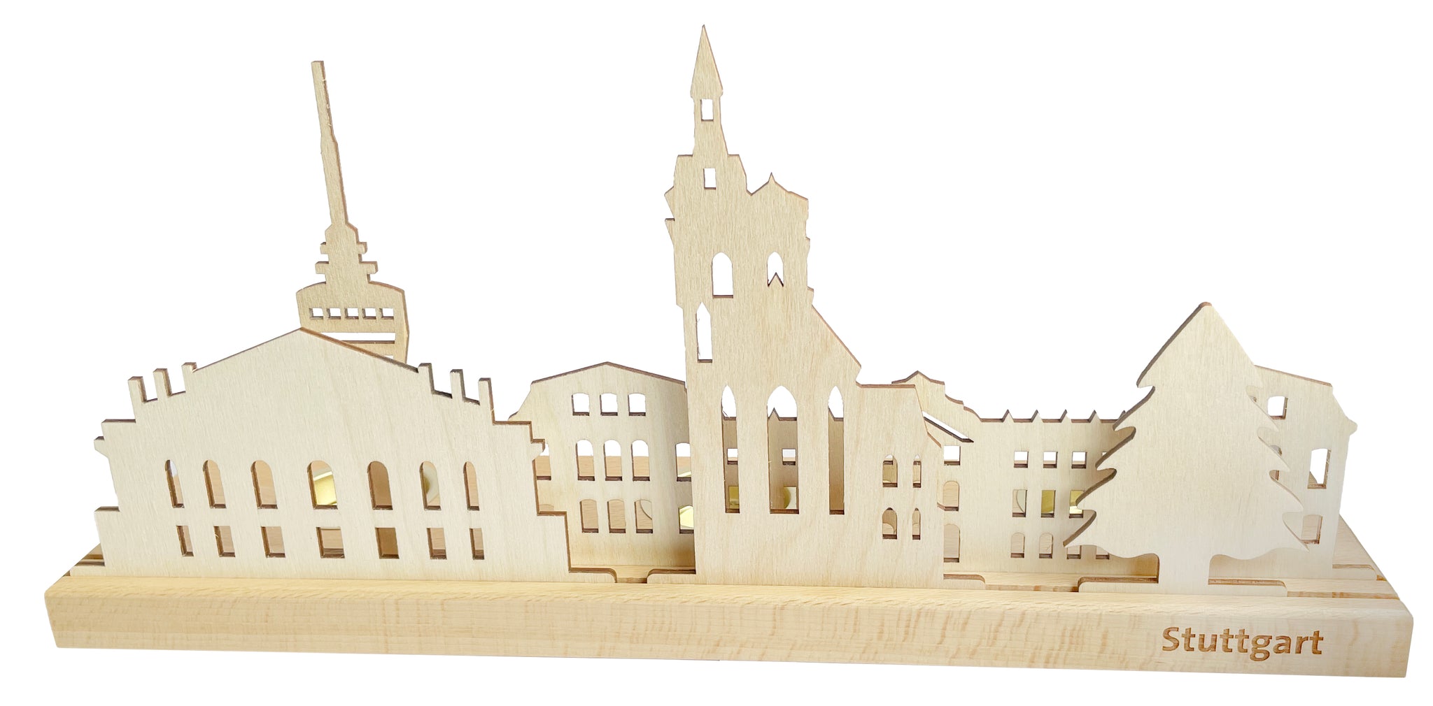 Holzsilhouette der Stuttgarter Wahrzeichen auf einem Ständer aus Echtholz mit der Gravur „Stuttgart“ auf der Vorderseite. Inspiriert von der Kunst des Erzgebirges dient dieses Stück auch als charmanter Teelichthalter für gemütliches Ambiente.