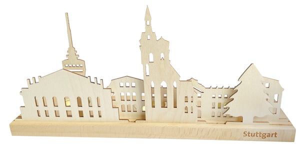 Holzsilhouette der Stuttgarter Wahrzeichen auf einem Ständer aus Echtholz mit der Gravur „Stuttgart“ auf der Vorderseite. Inspiriert von der Kunst des Erzgebirges dient dieses Stück auch als charmanter Teelichthalter für gemütliches Ambiente.
