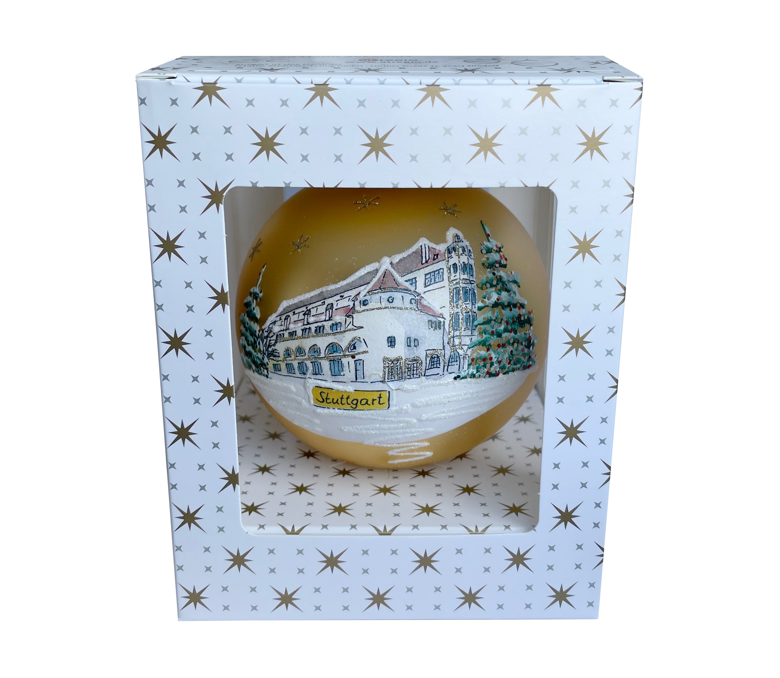 Goldfarbener Weihnachtsschmuck mit einer gemalten Winterszene in einer weißen, sternengemusterten Schachtel mit der Aufschrift „Stuttgart“ – eine elegante Stuttgarter Weihnachtskugel, perfekt als Weihnachtsbaum-Schmuckstück aus der berühmten Stuttgarter Markthalle.