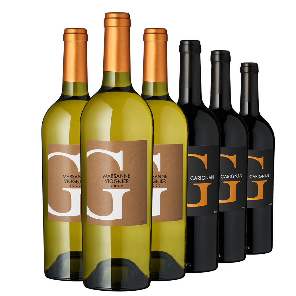 Südfrankreich erleben umfasst drei Flaschen Weißwein und drei Flaschen Rotwein, beispielsweise Marsanne Viognier und Carignan Vieilles Vignes, alle mit kräftigen, modernen Grap G-Etiketten.