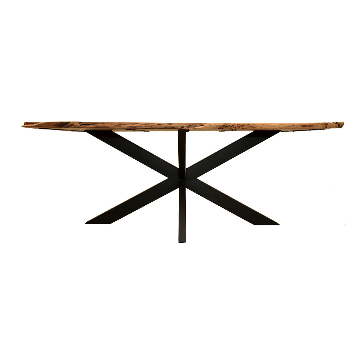 Ein rechteckiger Tisch mit einer Holzplatte auf einem schwarzen  überkreuzten Metallgestell.
