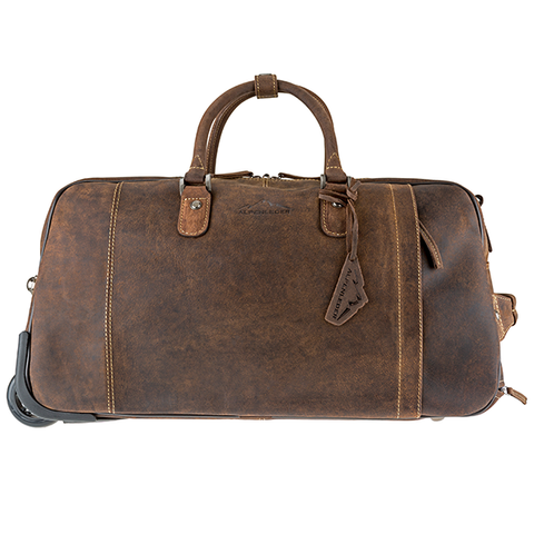 Braune Reisetasche aus Leder mit Tragegriffen, Reißverschluss, Seitentasche und Rollen an einem Ende für einfachen Transport – ideal für Spontanität und Freiheit bei Ihrem nächsten Trolley-ROM-Abenteuer.