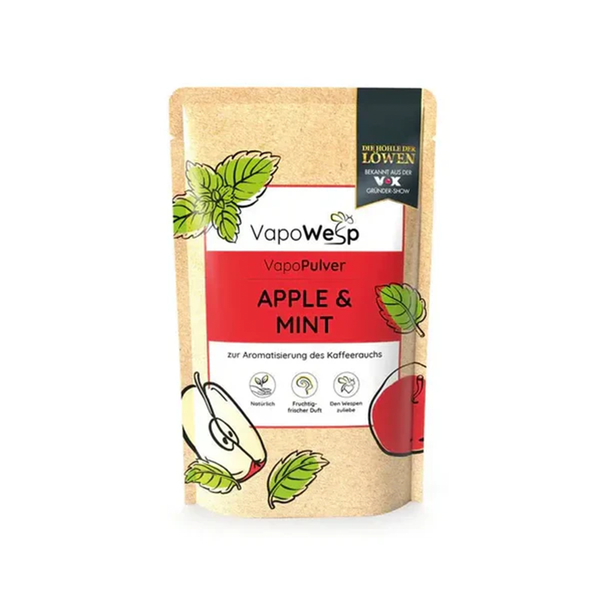 Ein VapoWesp Apple & Mint-Pulverbeutel mit Äpfeln und Minz-Illustrationen auf der Verpackung – perfekt für Ihre Räucherbox, um Wespen fernzuhalten.