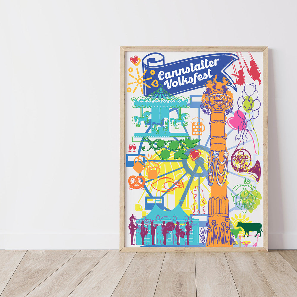 Ein Kunstdruck zum Cannstatter Volksfest lehnt auf einem Holzboden.