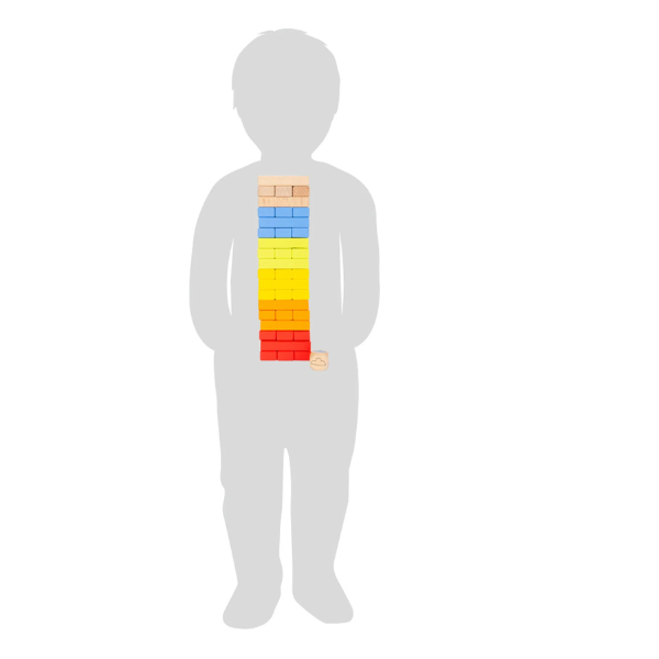 Silhouette eines Kindes mit bunten Bauklötzen in Regenbogenfarben, auf einer Höhe von 28 cm in der Mitte des Rumpfes gestapelt, erinnert an ein Geschicklichkeitsspiel.