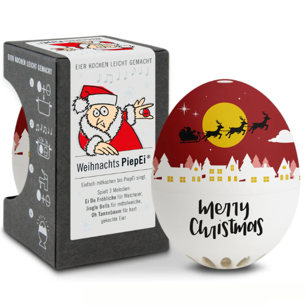 Weihnachts-Eieruhr mit Weihnachtsmann- und Schlittenmotiv, festlicher Verpackung und „Frohe Weihnachten“-Schriftzug – perfekt für Adventsstimmung in Ihrer Küche. Genießen Sie die präzise Härtegradkontrolle mit diesem einzigartigen Weihnachts-PiepEi.