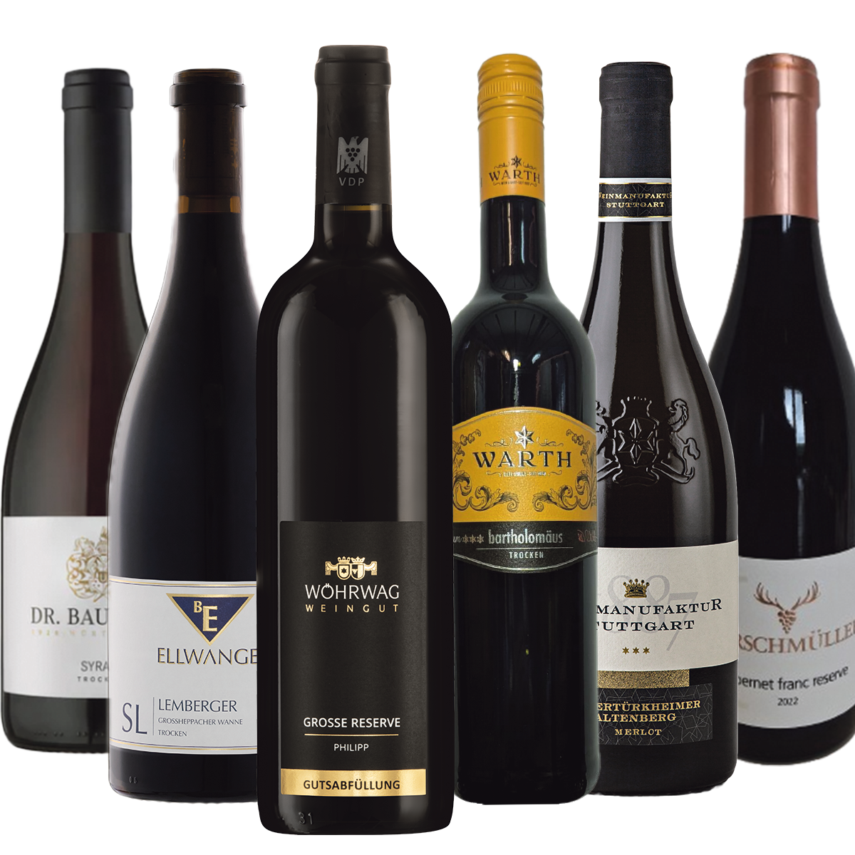 Weinpaket Württemberger Weinmeisterschaft, Kategorie Rotwein über 12 EUR, mit 6 Flaschen Wein.