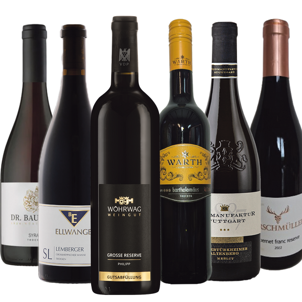 Weinpaket Württemberger Weinmeisterschaft, Kategorie Rotwein über 12 EUR, mit 6 Flaschen Wein.