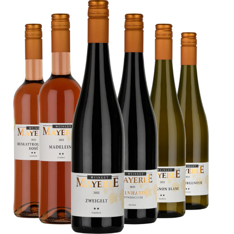 Sechs Flaschen Wein vom Weingut Mayerle, darunter Rosé-, Rot- und Sauvignon Blanc-Sorten, nebeneinander arrangiert als perfektes Degustationspaket.