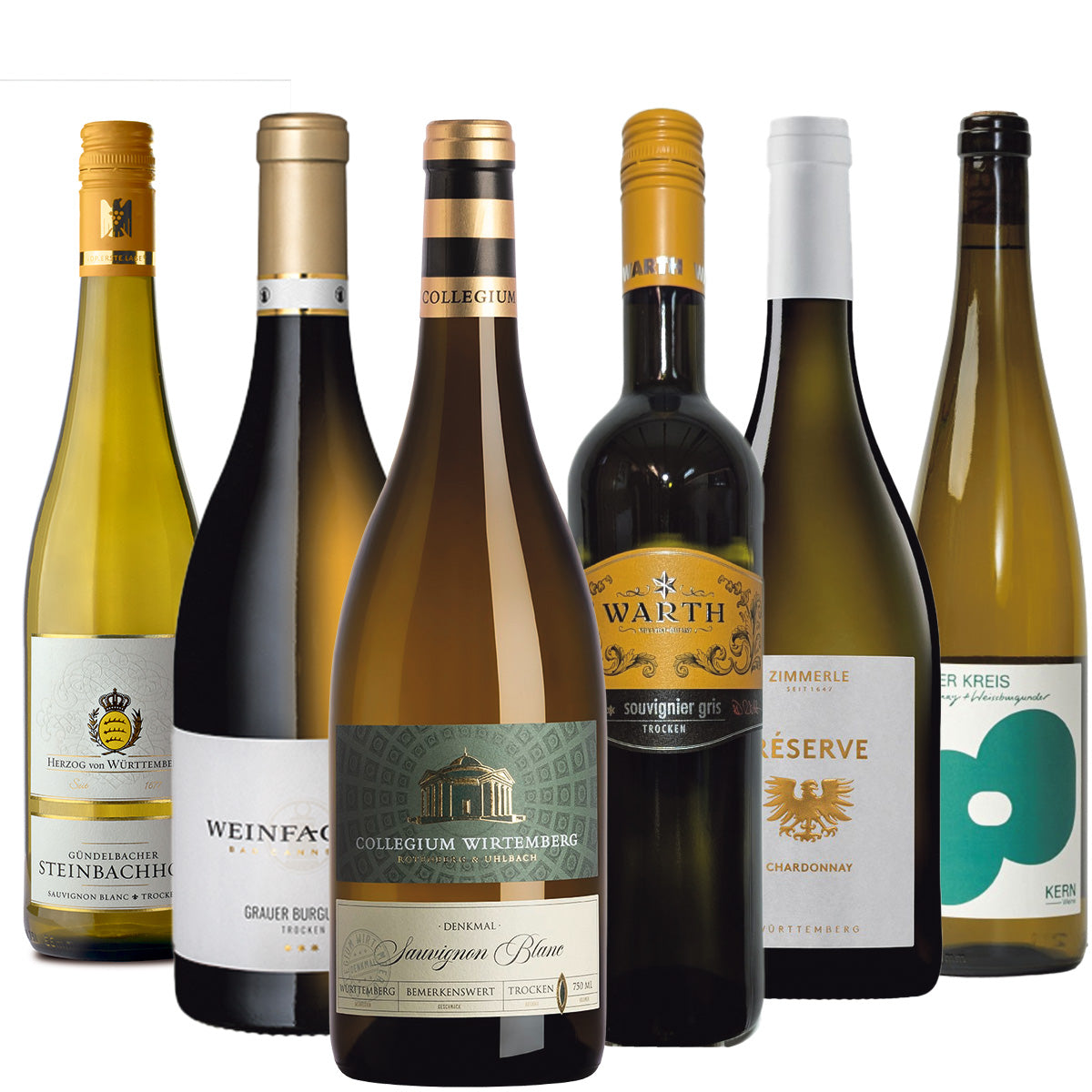 Weinpaket Württemberger Weinmeisterschaft, Kategorie Weißwein über 12 EUR, mit 6 Flaschen.