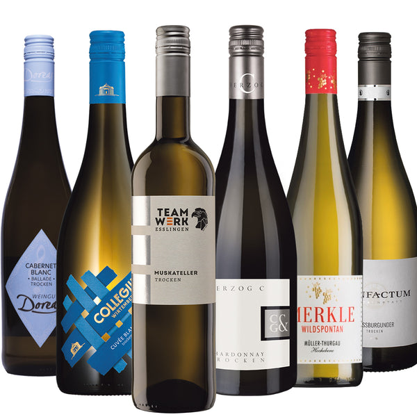 Weinpaket Württemberger Weinmeisterschaft, Kategorie Weißwein bis 12 EUR, mit 6 Flaschen Wein.