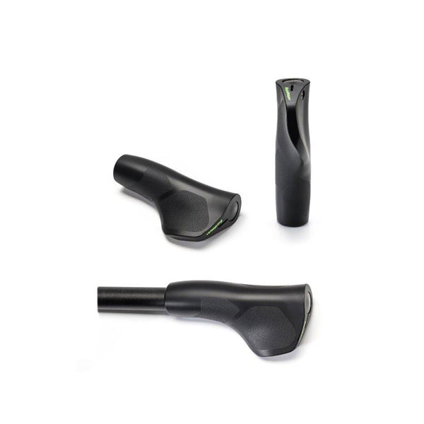 Auf weißem Hintergrund sind drei schwarze Komfort-Fahrradgriffe mit ergonomischer, strukturierter Oberfläche aus thermoplastischem Polyurethan abgebildet.