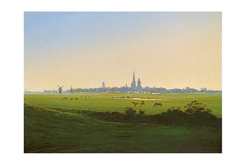 Eine ruhige Landschaft mit grasenden Pferden und einer fernen Stadtsilhouette unter einem sanften, klaren Himmel.