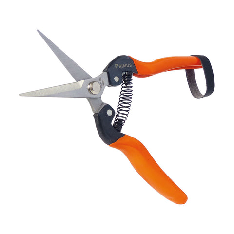 Gartenschere mit orangefarbenem Griff, Federmechanismus und teilweise geöffneter Klinge – perfekt für präzise Schnittarbeiten.