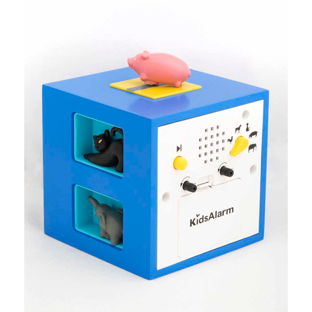 Kookoo Kinderwecker KidsAlarm - Blau: Blauer Wecker mit Tierfiguren, Schwein oben drauf.