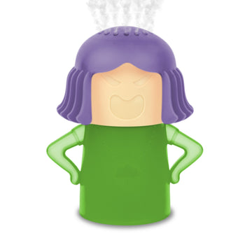 Angry Mama ist eine umweltfreundliche Plastikfigur mit lila Haaren, grünem Kleid und Dampf, die hilft, die Mikrowelle zu reinigen – einfach in die Mikrowelle stellen und sie sorgt für Sauberkeit!.
