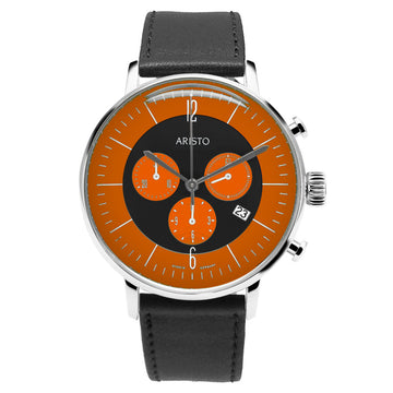 Die Armbanduhr Aristo verfügt über ein auffälliges orange-schwarzes Chronographen-Zifferblatt, drei Hilfszifferblätter, eine Datumsanzeige und ein elegantes schwarzes Lederarmband – eine perfekte Mischung aus Präzision und Design im Bauhaus-Stil.