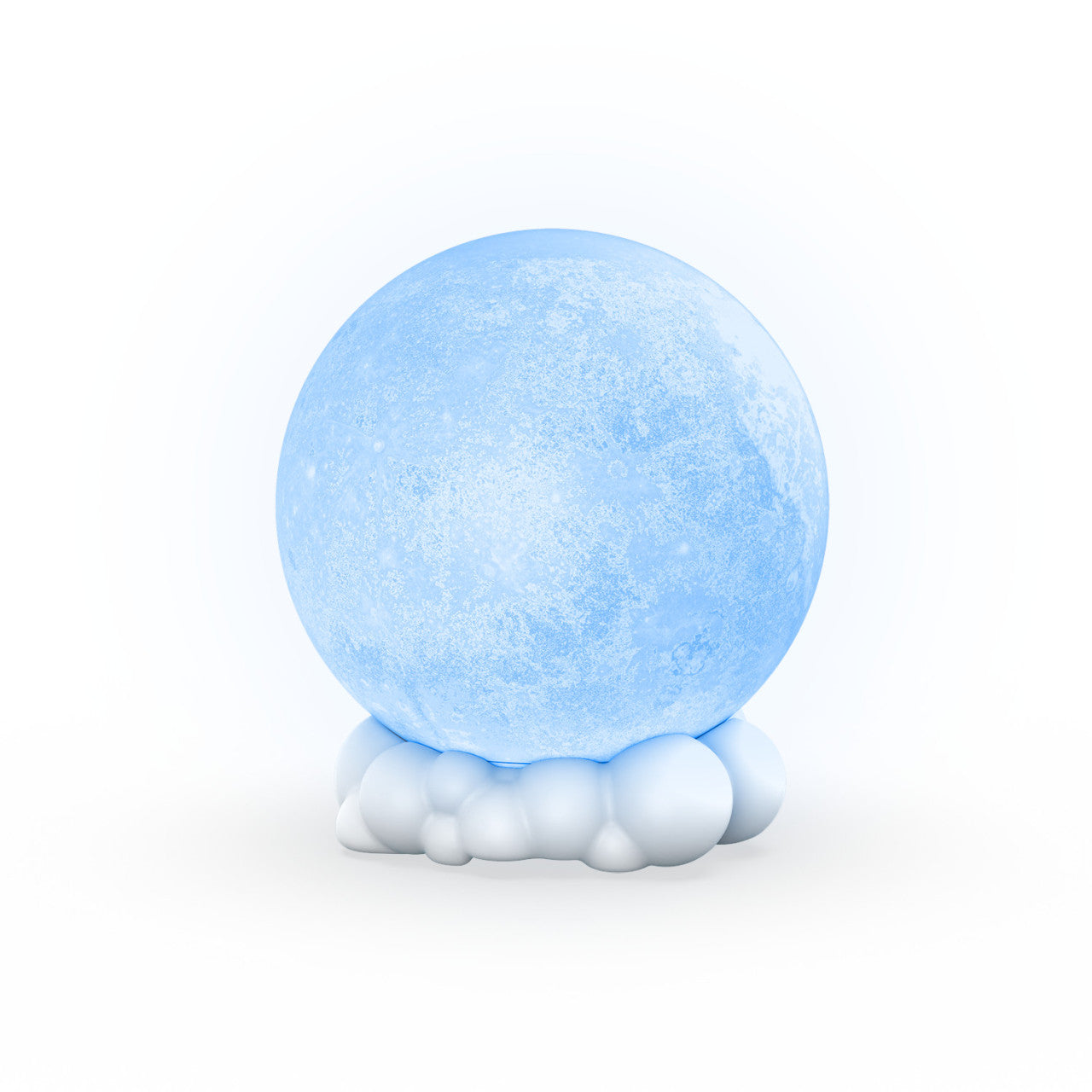 Eine große blaue Eiskugel ruht auf einer Ansammlung kleiner weißer, abgerundeter Formen vor einem weißen Hintergrund und ähnelt einem 3D-gedruckten Nachtlicht.