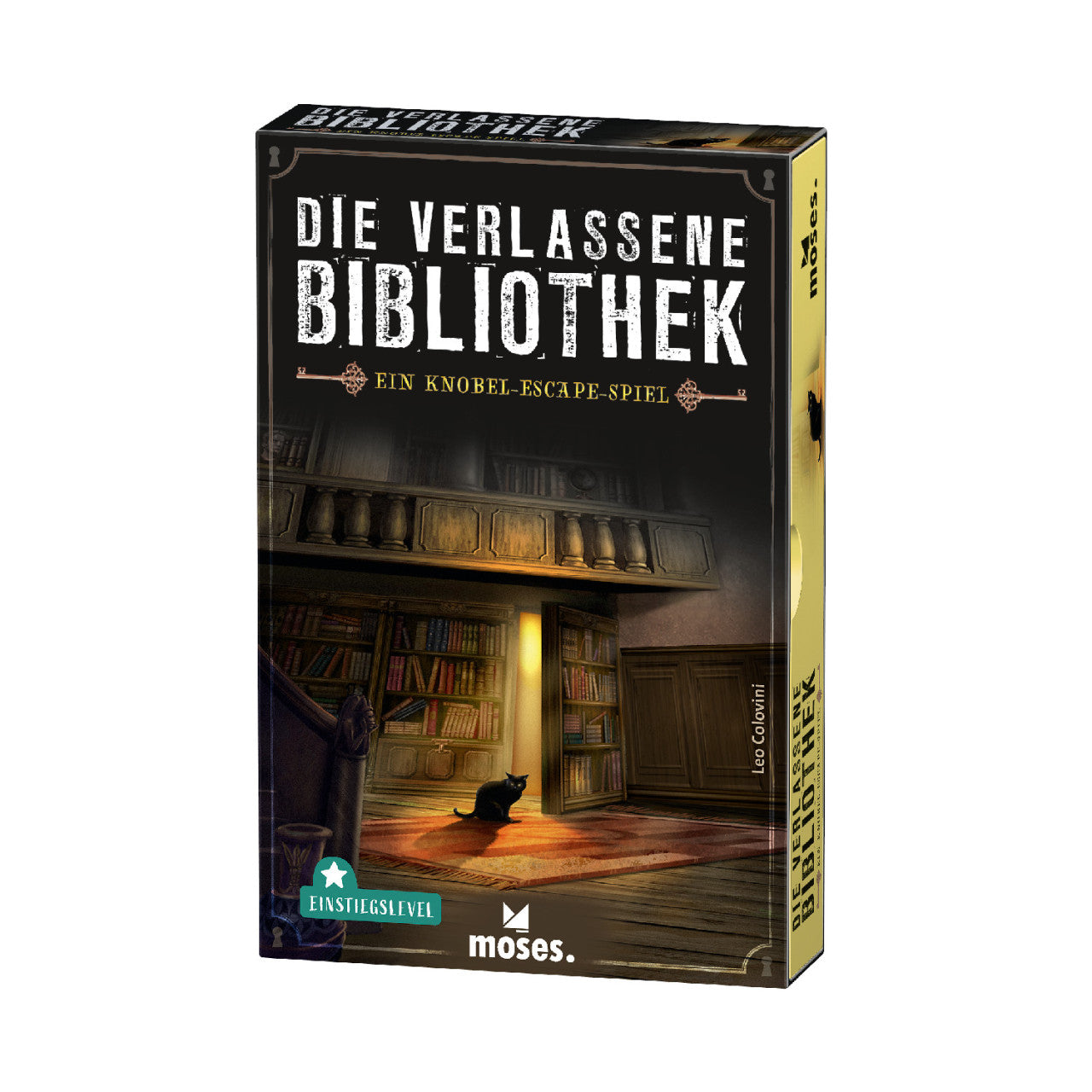Box des Escape-Games Die Verlassene Bibliothek, zeigt eine dunkle Bibliothek mit schwarzer Katze und Bücherregalen – für garantierten Rätselspaß beim Kartenspiel!.