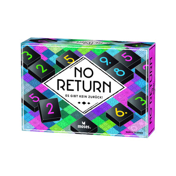 Schachtel des Familienspiels „No Return“ mit bunten, nummerierten Spielsteinen und deutschem Text auf geometrischem Hintergrund, der auf einen Spannungsbogen hinweist, der im Inneren wartet.