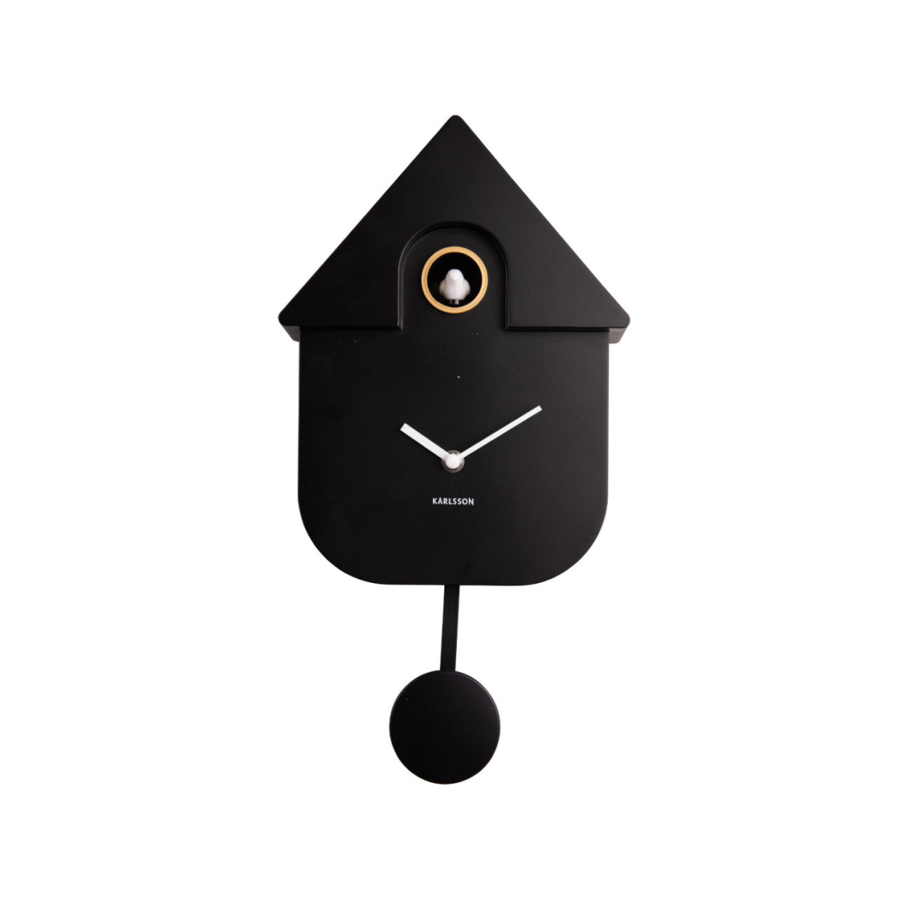 Schwarze, moderne Kuckuckswanduhr mit hausförmiger Oberseite, einer kleinen Vogelfigur und einem schwingenden Pendel verleiht jedem Raum Charme.