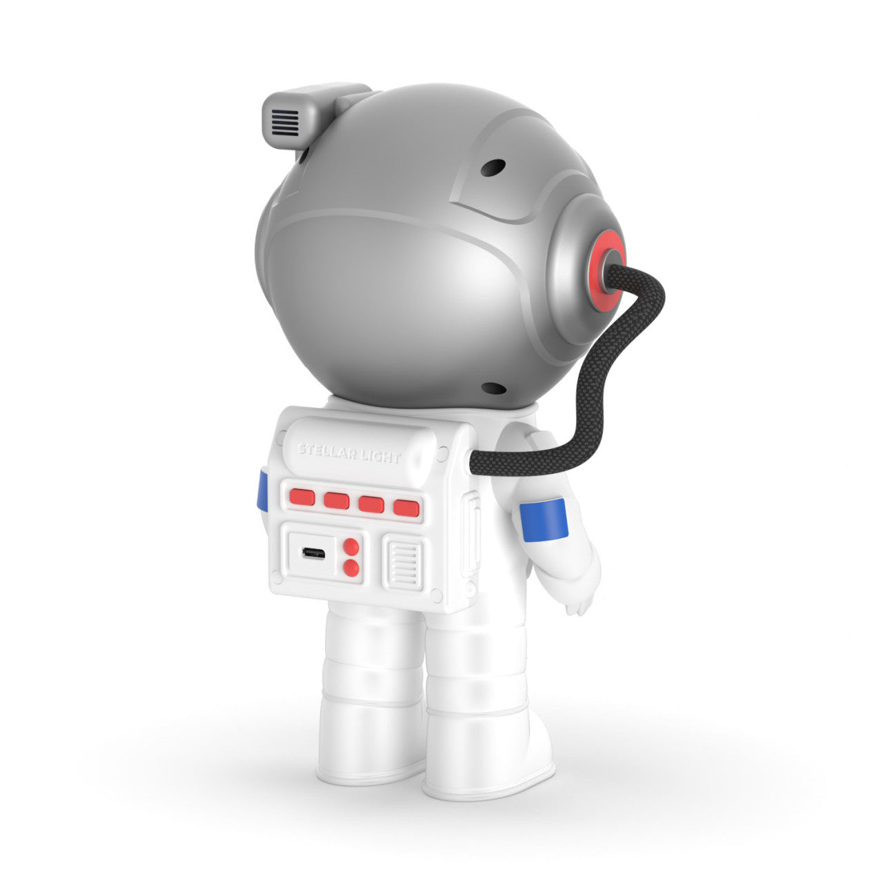 Eine 3D-gerenderte Astronautenfigur in einem weißen Anzug mit großem Helm, von hinten auf weißem Hintergrund zu sehen, verfügt über ein Astronaut Stellar Light mit einem um 360° drehbaren Lampenkopf für vielseitige Beleuchtung.
