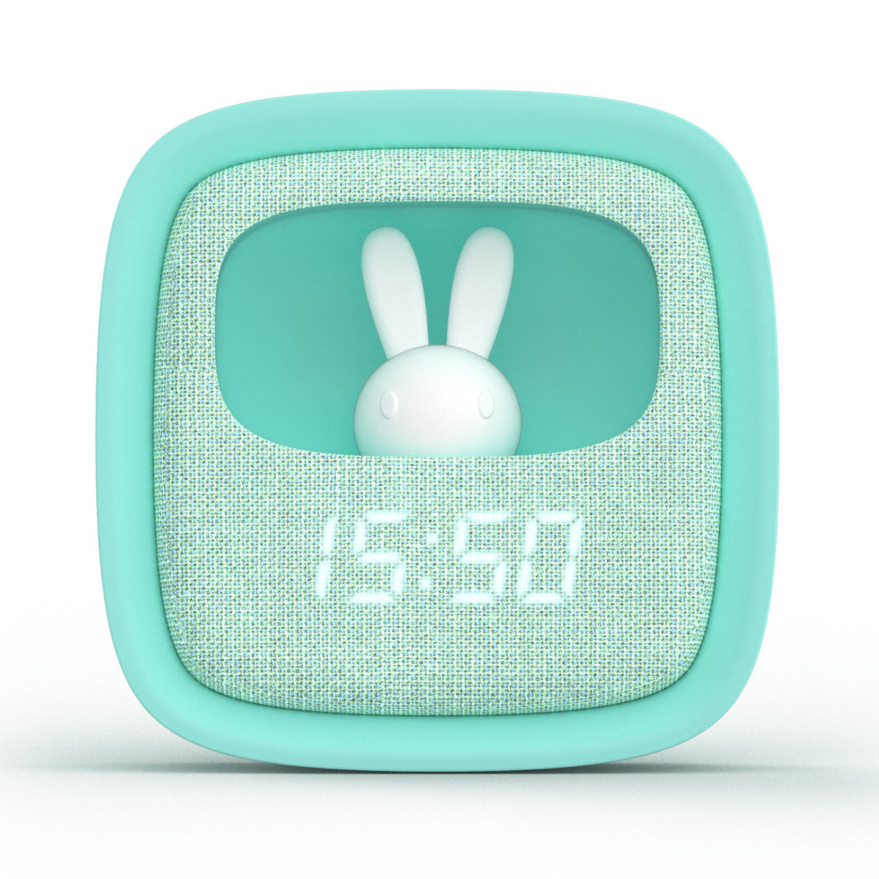 Mintgrüne Digitaluhr in Häschenform mit Hasenohren und -zifferblatt, die auf einer Stofffront 15:50 anzeigt – perfekt als süßer Wecker oder Nachtlicht.