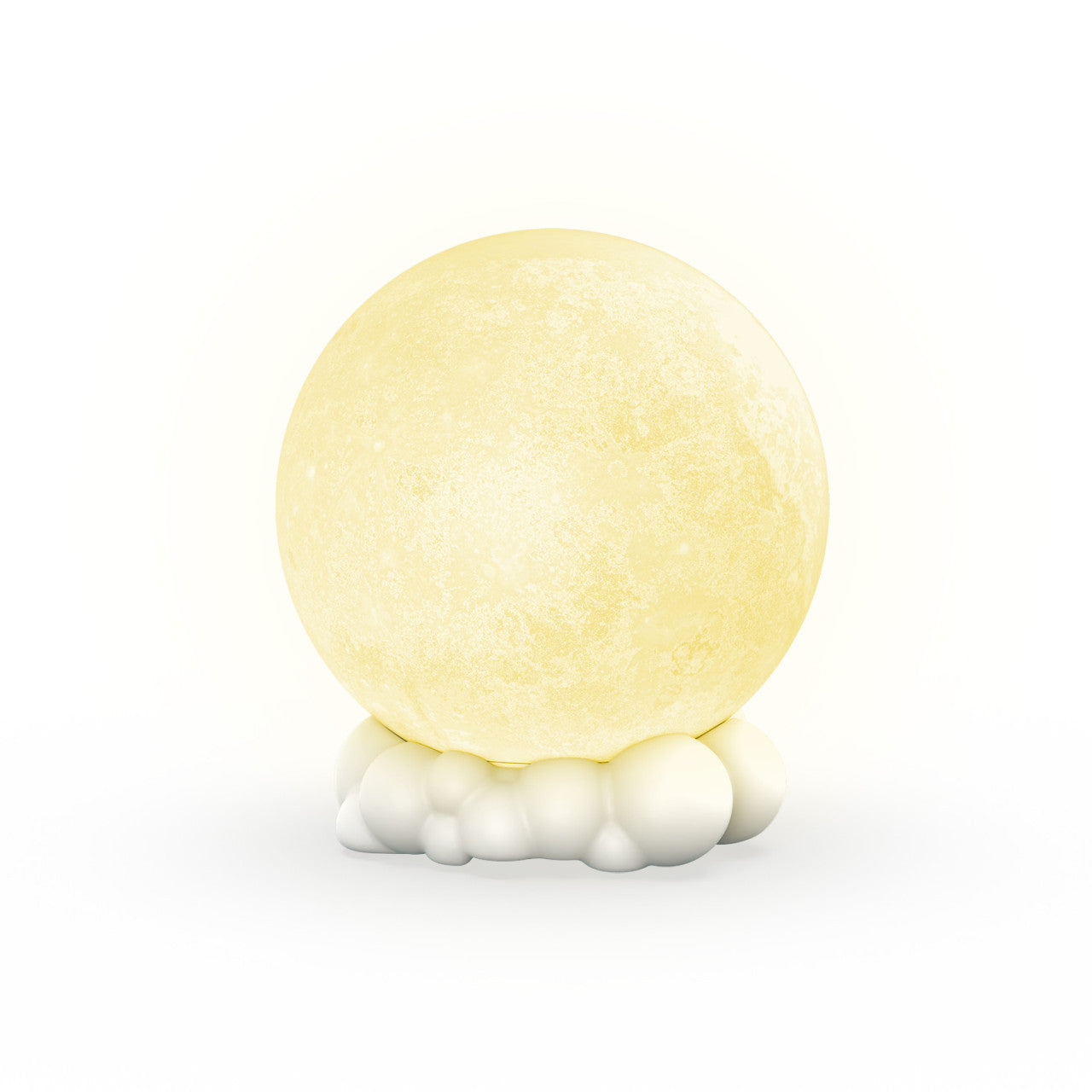 Eine leuchtend gelbe Kugel, die dem Mond ähnelt, sitzt auf einer Ansammlung glatter weißer Blasen und dient als bezauberndes Nachtlicht mit einem einzigartigen, 3D-gedruckten Design.