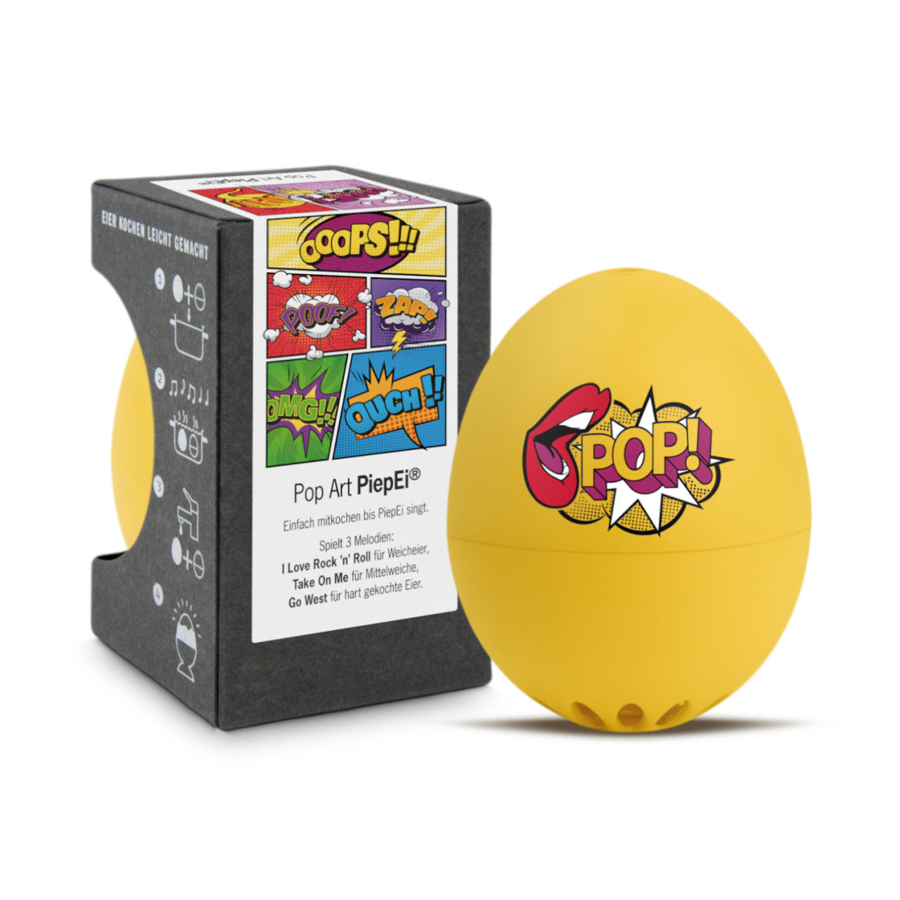 Eine gelbe PiepEi - Pop Art Eieruhr sitzt neben einer bunten Produktbox.