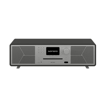 Vorderansicht des MEISTERSTÜCK Sonoro Radio- und CD-Stereosystems, das sein ikonisches Design, die digitale Anzeige und die Bedientasten zeigt.
