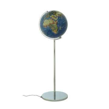 Ein Standglobus von SOJUS mit sichtbarem Stromkabel. Dieser LED-Globus zeigt die geografischen Zonen der Erde auf einem hohen Metallständer an.