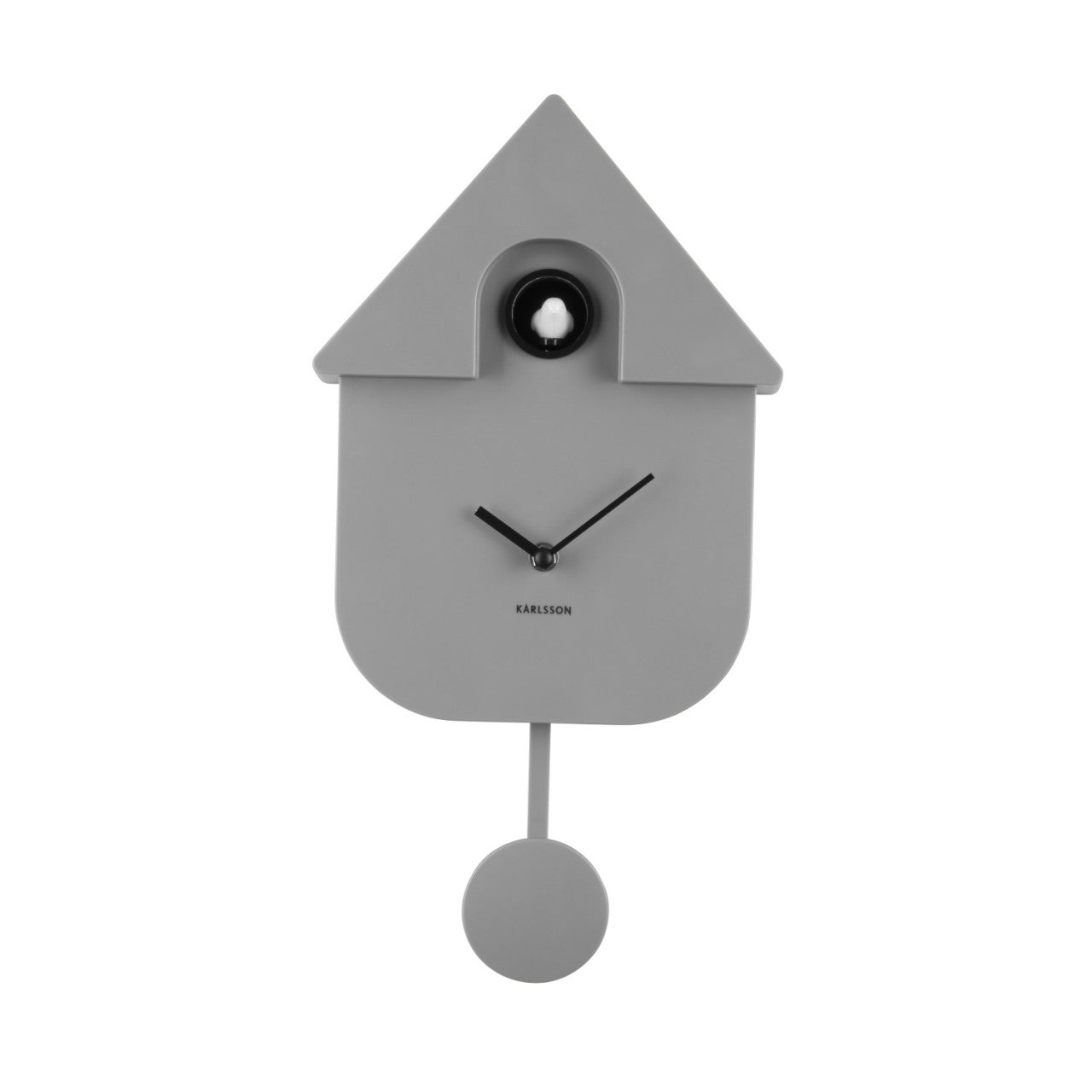 Graue moderne Kuckucksuhr mit rundem Pendel und kleiner Vogelfigur über dem Zifferblatt, mit minimalistischem Design für eine stilvolle Note.