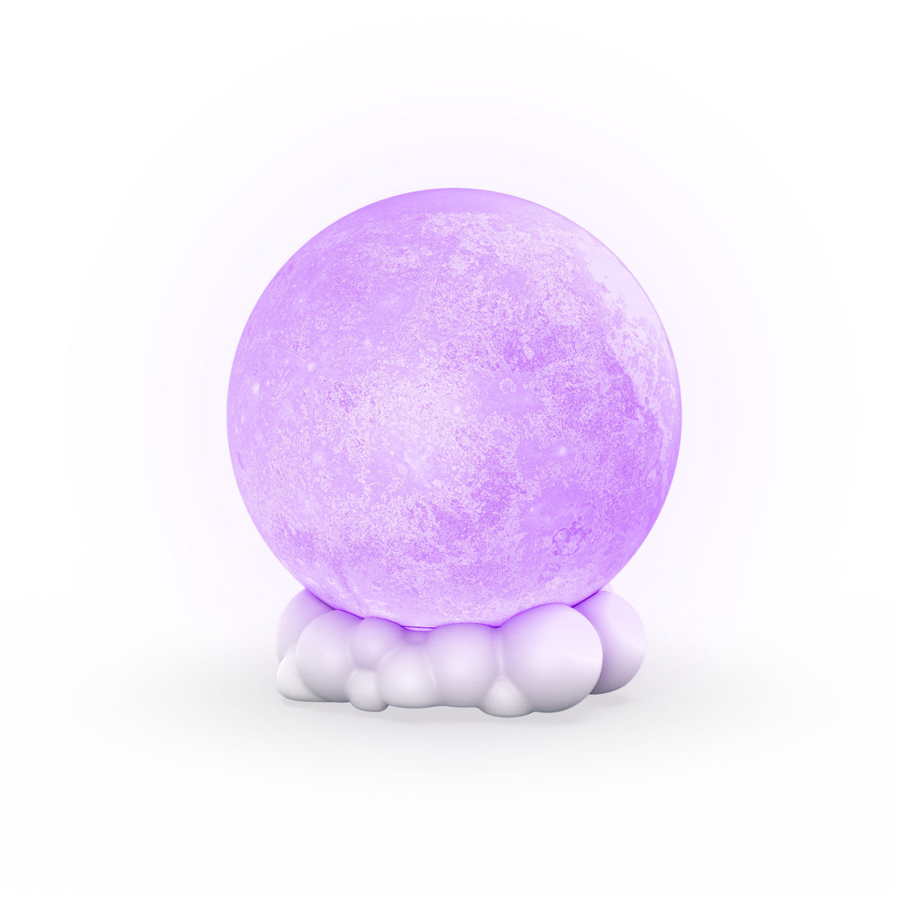 Ein leuchtendes violettes, kugelförmiges Nachtlicht sitzt auf einer weißen, wolkenartigen Basis vor einem weißen Hintergrund.