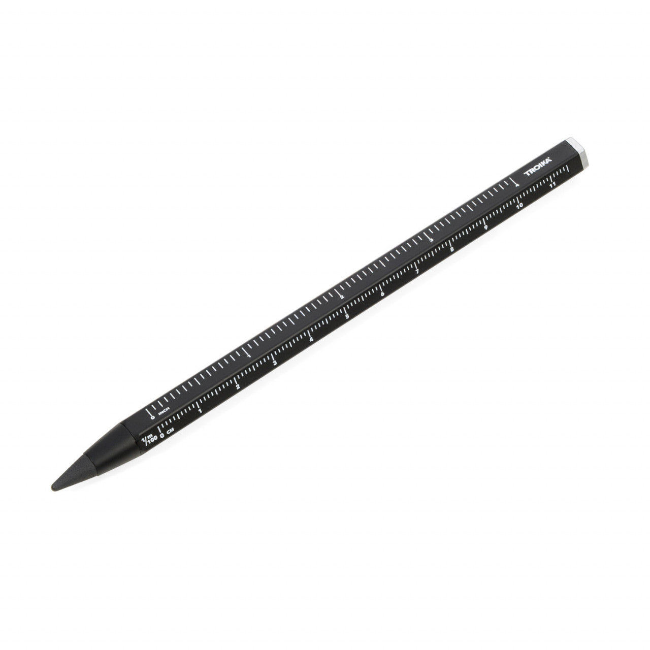 Ein schwarzer mechanischer Multitasking-Bleistift mit weißen Linealmarkierungen entlang der Länge und einer Endlosschreibspitze auf weißem Hintergrund.