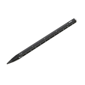 Ein schwarzer mechanischer Multitasking-Bleistift mit weißen Linealmarkierungen entlang der Länge und einer Endlosschreibspitze auf weißem Hintergrund.