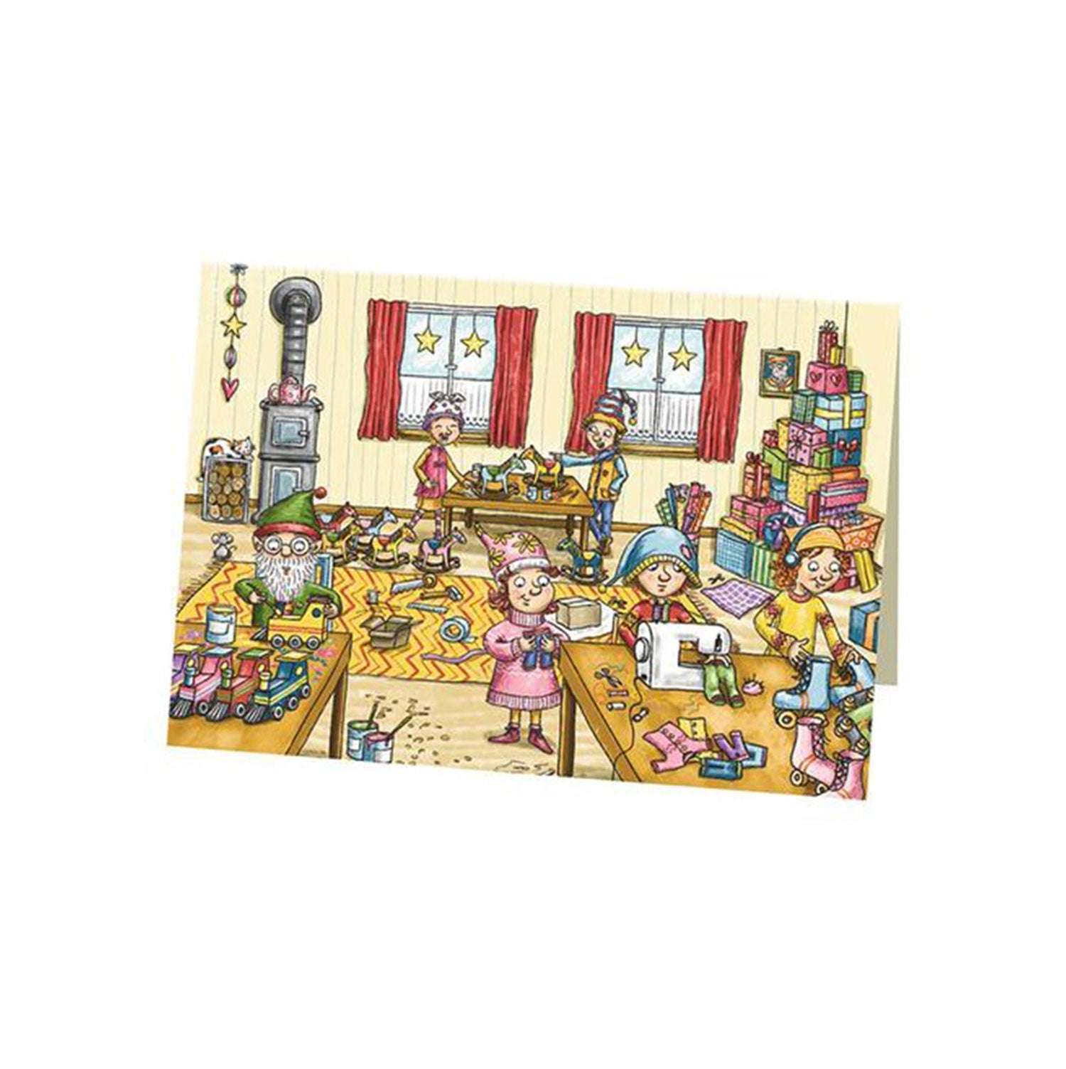 Die Szene „Wichtelige Weihnachten“ zeigt eine lebendige Werkstatt mit Elfen in bunten Kostümen, die Spielzeug und Klappkarten basteln. Eine Nähmaschine brummt am Weihnachtsbaum, Geschenke stapeln sich und ein gemütlicher Ofen knistert und lässt eine Weihnachtsgeschichte lebendig werden.