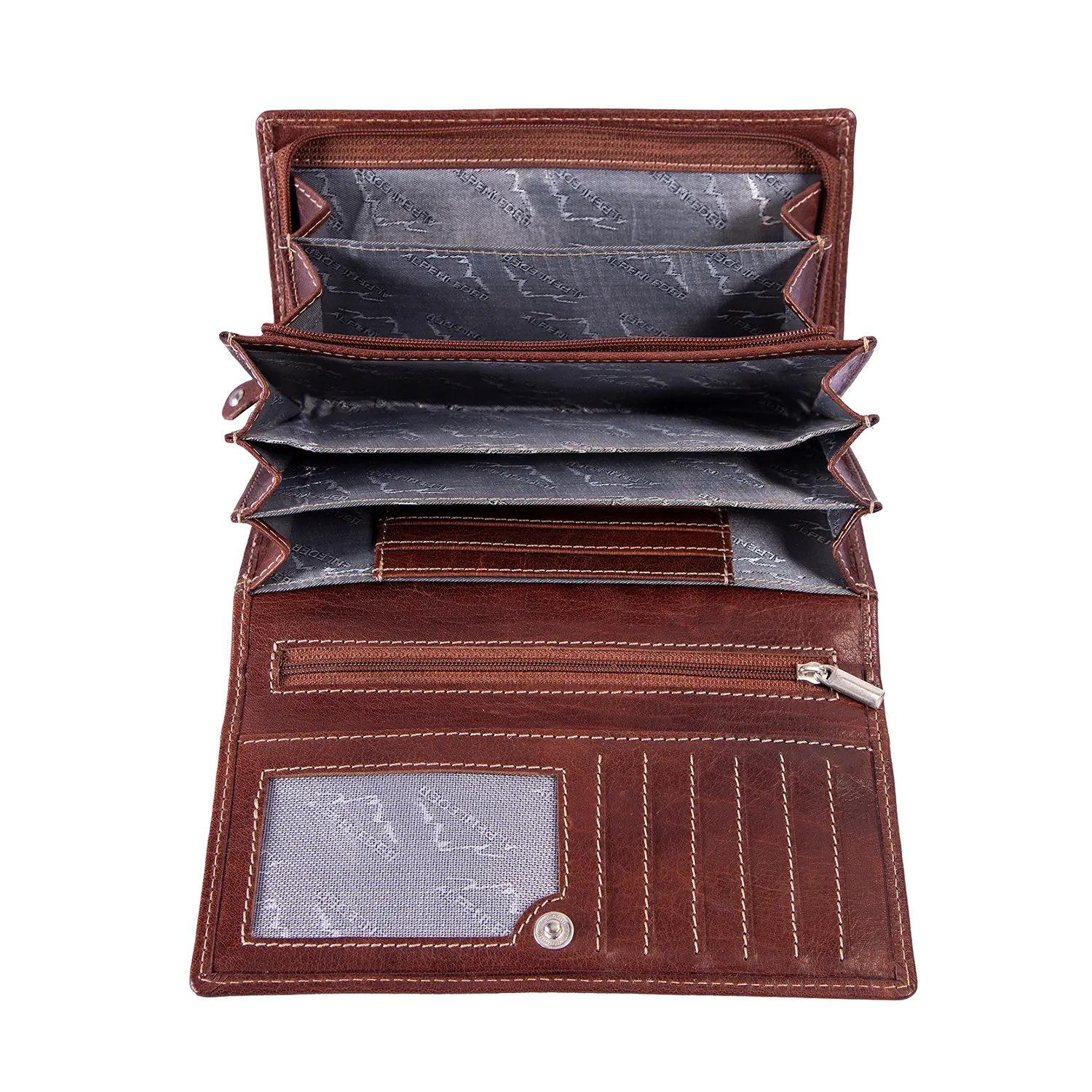 Der Geldbeutel für Damen aus Leder ist geöffnet und zeigt mehrere Fächer, Kartensteckplätze, ein Reißverschlussfach sowie ein transparentes ID-Fenster mit grauem Muster und praktischem RFID-Schutz.