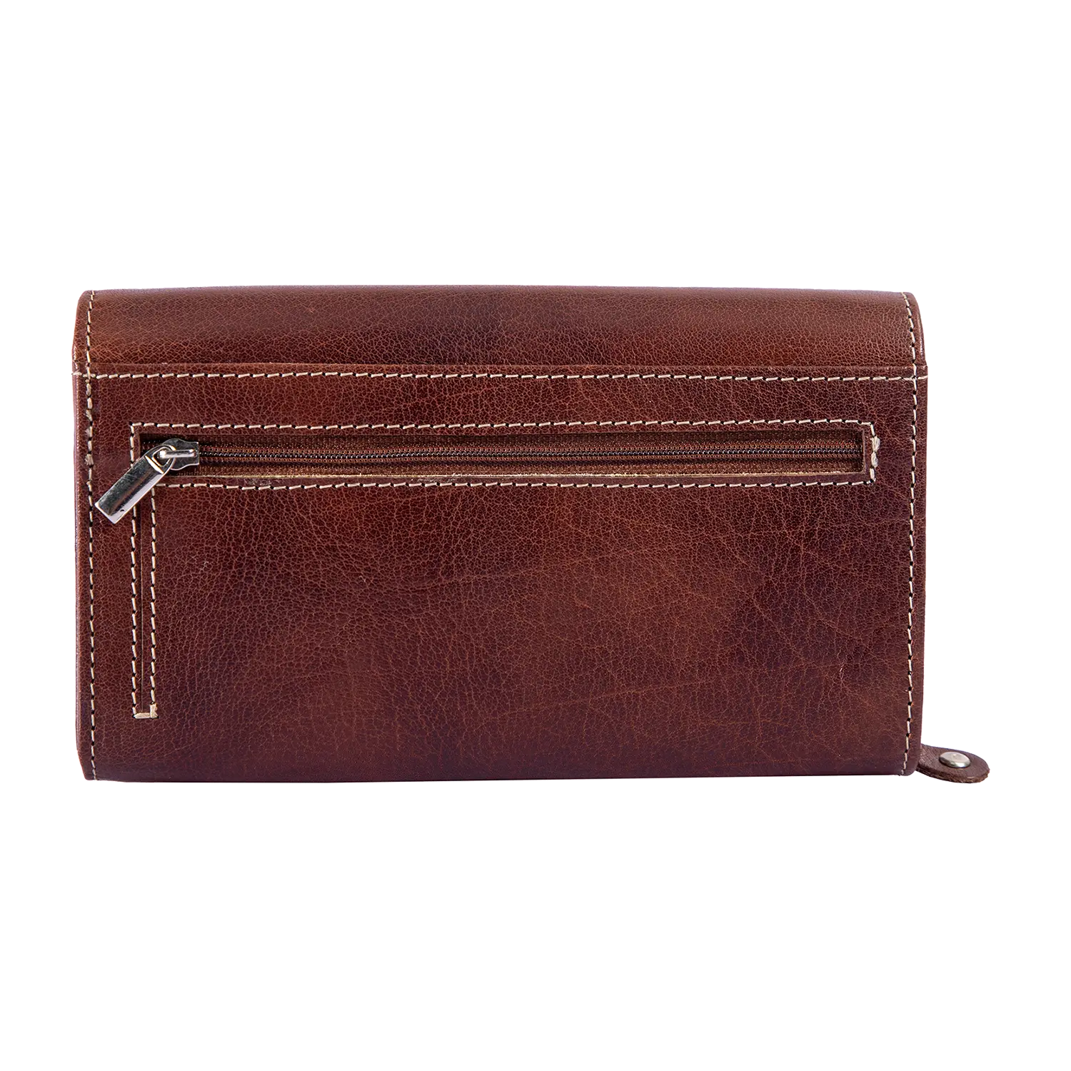 Der Geldbeutel für Damen aus Leder ist braun, mit sichtbaren Nähten, Frontreißverschlusstasche, kleinem Metallring unten und integriertem RFID-Schutz für mehr Sicherheit.