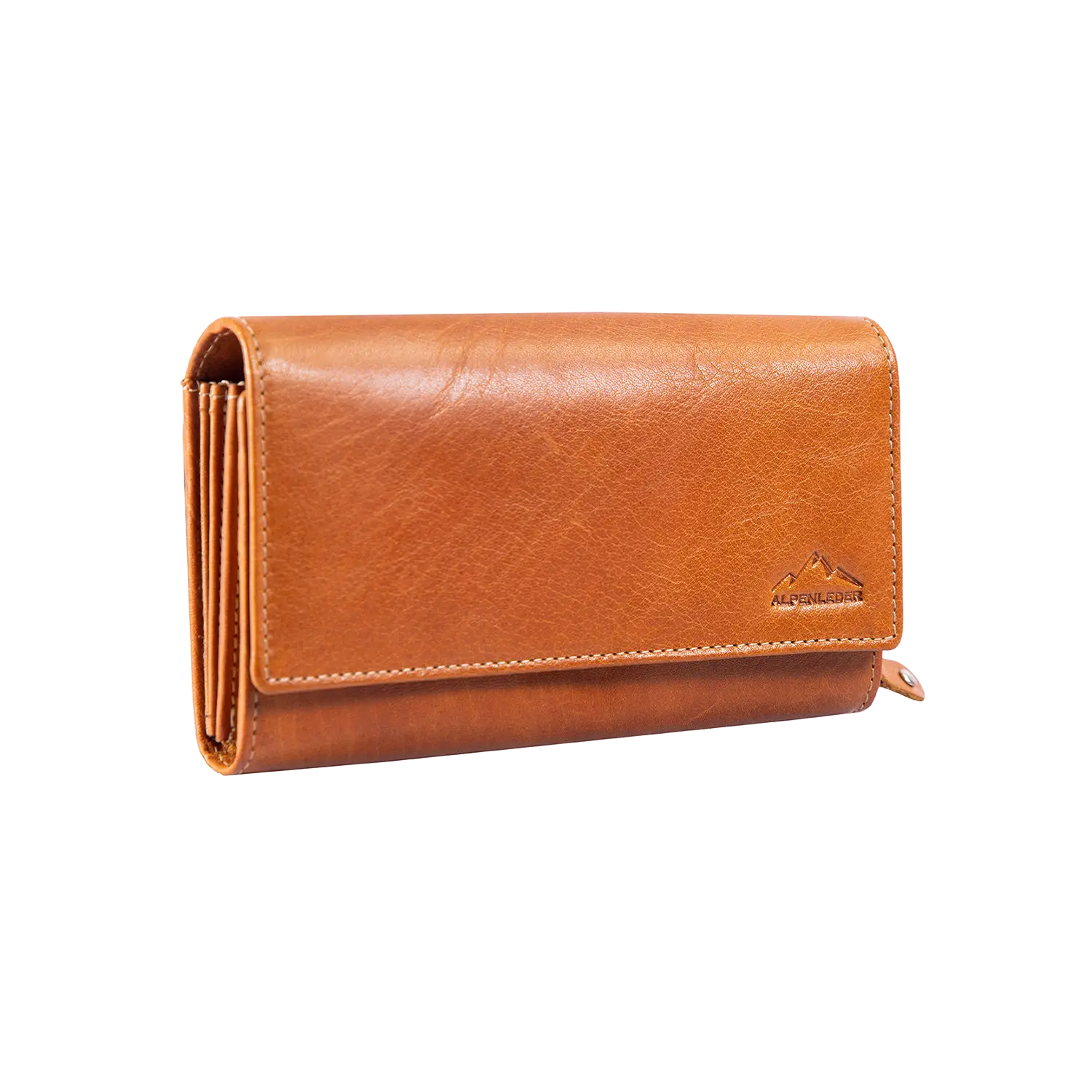 Ein brauner Geldbeutel für Damen aus Leder mit sichtbaren Nähten und einem kleinen Berglogo, das in der unteren rechten Ecke eingeprägt ist, verfügt über RFID-Schutz und ist vor einem weißen Hintergrund fotografiert.