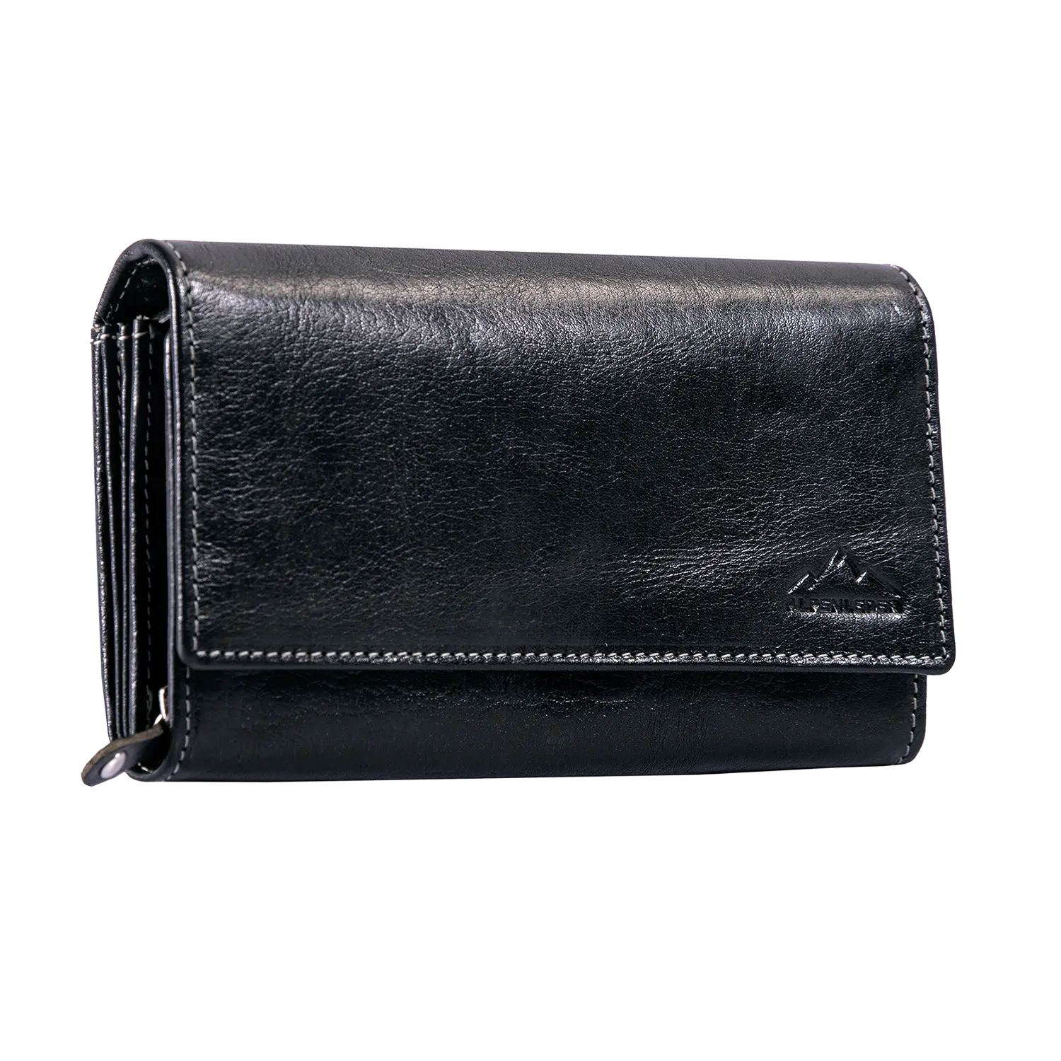 Der Geldbeutel für Damen aus Leder ist schwarz mit weißer Naht, hat einen Klappverschluss und ein kleines geprägtes Logo unten rechts. Er steht aufrecht vor weißem Hintergrund.