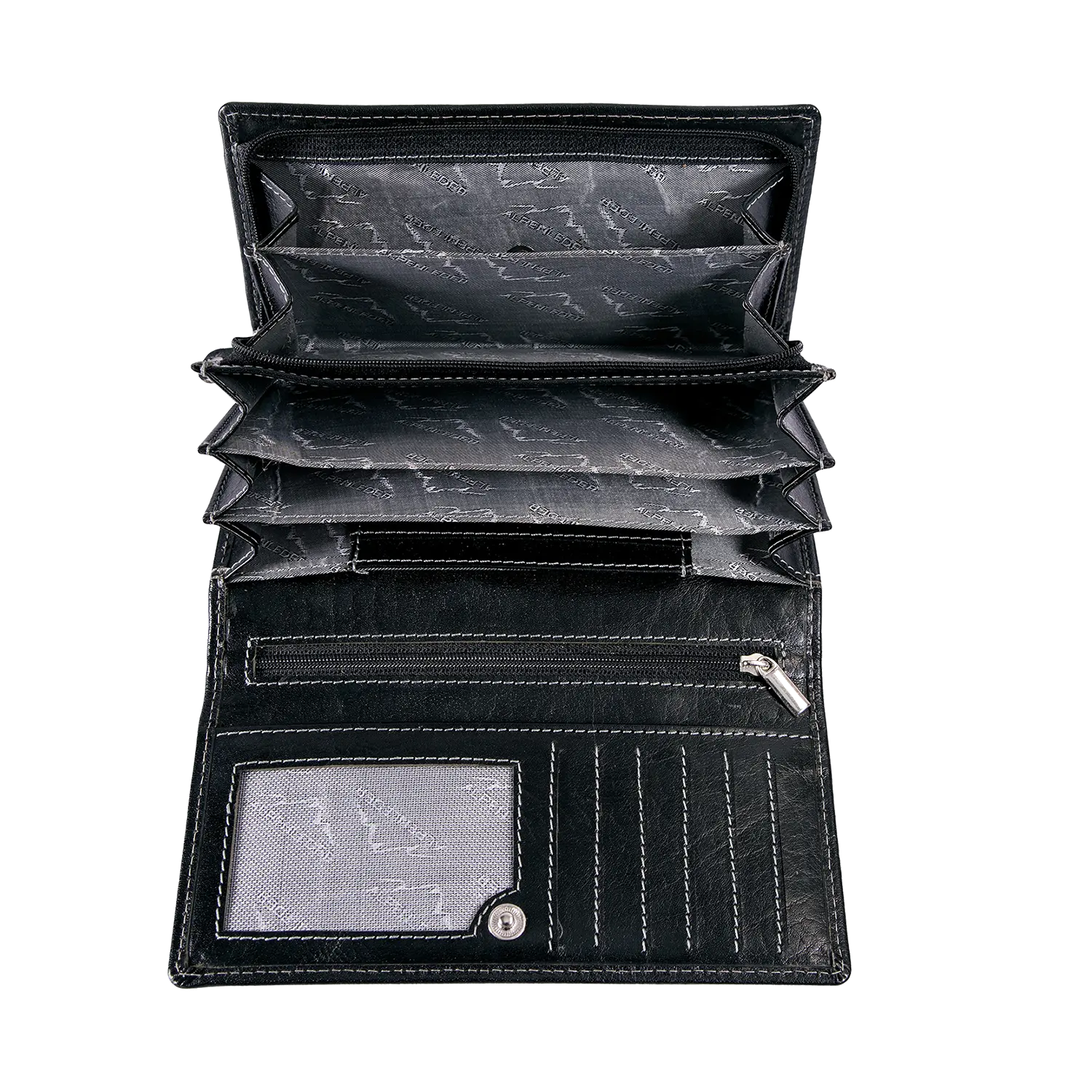 Ein offener Geldbeutel für Damen aus Leder in Schwarz mit mehreren Fächern, Kartenfächern, Mesh-ID-Fenster, Reißverschlussfach, sichtbaren weißen Nähten und RFID-Schutz – präsentiert auf weißem Hintergrund.