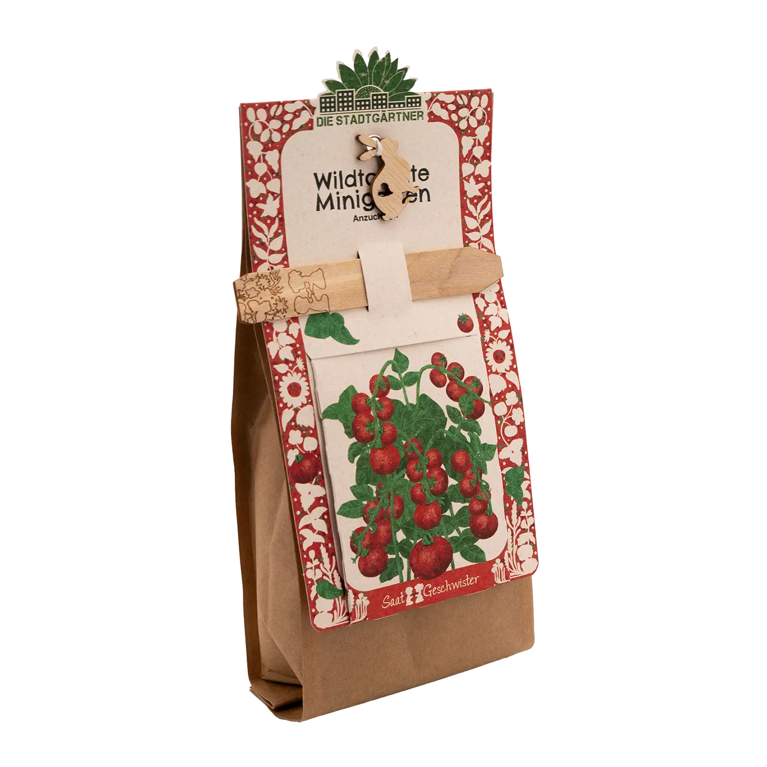 Braunes Samenpäckchen mit Kirschtomaten-Kunst-Ostergeschenk für Hobbygärtner.