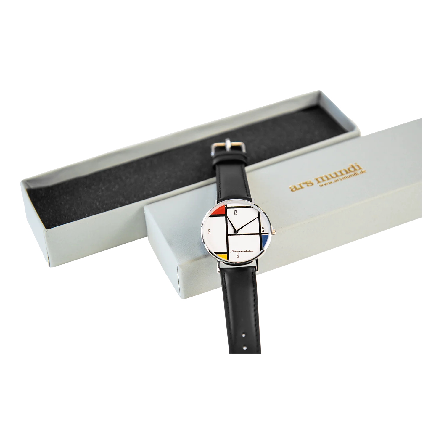 Armbanduhr Tableau Nr. IV von Mondrian mit modernem Design und grauem Gehäuse.