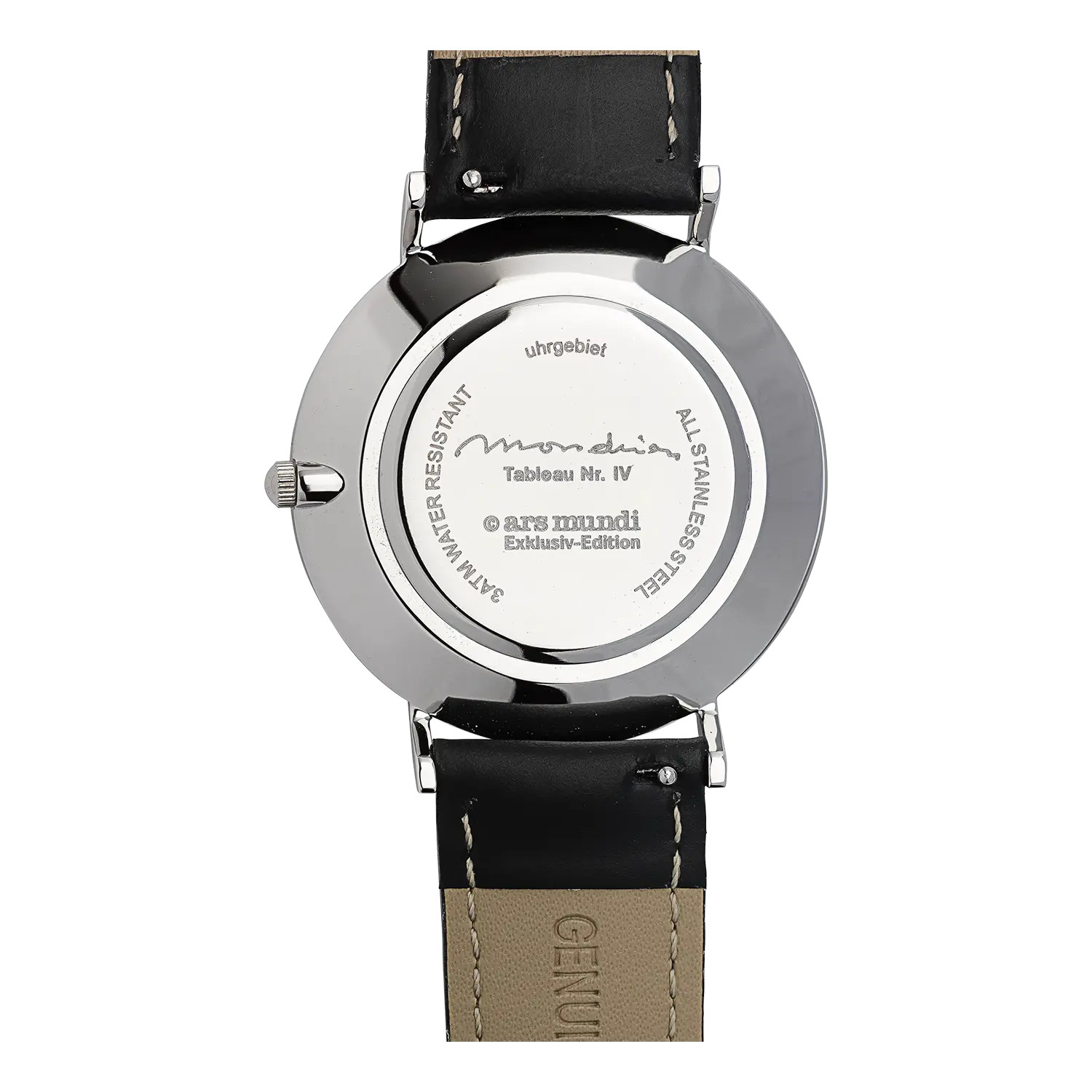 Rückseite der Armbanduhr Tableau Nr. IV von Mondrian mit schwarzem Lederband.
